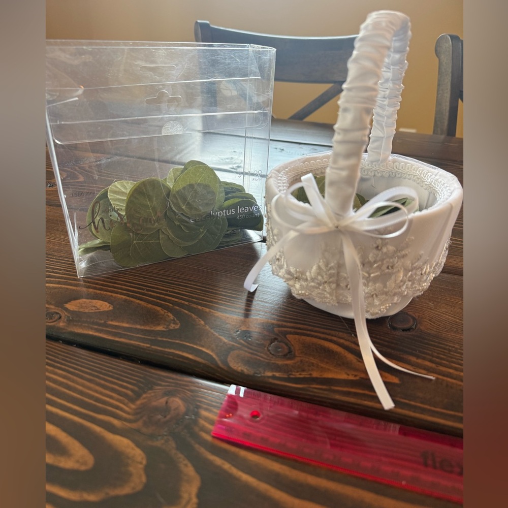 White Lace Flower Girl Basket with Green Eucalyptus Leaves